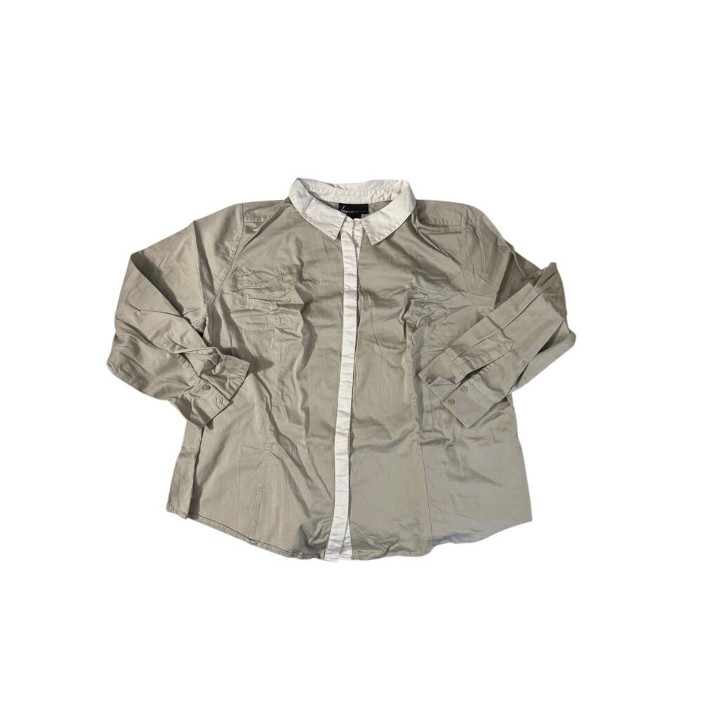 Lane Bryant Shirt Beige w/ White Collar & Button Cover Great Cond. - Size 26